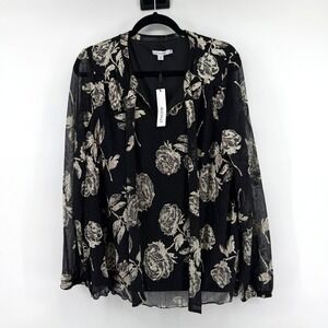Chico's Knit Top Floral Metallic Bodre 3 XL Black Gold Womens Blouse Holiday SEO